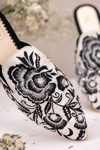 House Of Vian_White Rose Embroidered Mules _Online_at_Aza_Fashions