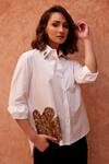 Buy_Palak Khandelwal_White Cotton Sequins Shawl Neck Abstract Patch Shirt _at_Aza_Fashions