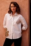 Palak Khandelwal_White Cotton Sequins Shawl Neck Abstract Patch Shirt _Online_at_Aza_Fashions