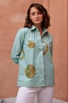 Buy_Palak Khandelwal_Green Cotton Sequins Shawl Neck Embroidered Shirt _at_Aza_Fashions