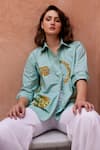 Shop_Palak Khandelwal_Green Cotton Sequins Shawl Neck Embroidered Shirt _at_Aza_Fashions