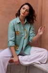 Palak Khandelwal_Green Cotton Sequins Shawl Neck Embroidered Shirt _Online_at_Aza_Fashions