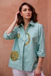 Shop_Palak Khandelwal_Green Cotton Sequins Shawl Neck Embroidered Shirt _Online_at_Aza_Fashions