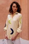 Buy_Palak Khandelwal_Yellow Cotton Sequins Shawl Neck Abstract Embroidered Shirt _at_Aza_Fashions