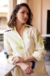 Palak Khandelwal_Yellow Cotton Sequins Shawl Neck Abstract Embroidered Shirt _Online_at_Aza_Fashions