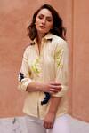 Shop_Palak Khandelwal_Yellow Cotton Sequins Shawl Neck Abstract Embroidered Shirt _Online_at_Aza_Fashions