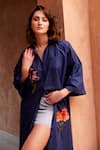 Shop_Palak Khandelwal_Blue Cotton Embroidery Shawl Neck Thread Floral Patch Shirt _Online_at_Aza_Fashions