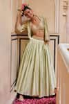 Buy_PUNIT BALANA_Green Chanderi Silk Print Flower Vine V Neck Geometric Lehenga And Cape Set _at_Aza_Fashions