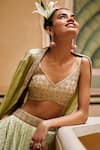 PUNIT BALANA_Green Chanderi Silk Print Flower Vine V Neck Geometric Lehenga And Cape Set _Online_at_Aza_Fashions