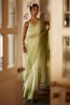 Buy_PUNIT BALANA_Green Organza Silk Embroidery Floral V Neck Resham Border Saree With Blouse _at_Aza_Fashions