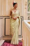 Buy_PUNIT BALANA_Green Chiffon Silk Printed Leaf V Neck Zardozi Embroidered Saree With Blouse _at_Aza_Fashions