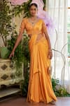 Buy_Moledro_Orange Saree And Blouse Modal Silk Satin Embroidered Azara Pre-draped With _at_Aza_Fashions