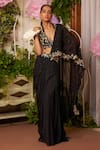 Buy_Moledro_Black Blouse Nylon Organza Embroidered Floral Rayna Pre-draped Saree And Set _at_Aza_Fashions