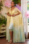 Moledro_Yellow Kaftan Nylon Organza Embroidered Sequin Zinnia Floral And Dress Set _Online_at_Aza_Fashions