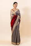 Buy_TaBa Kashi By Artika Shah_Grey Tusser Floral Embroidered Saree With Running Blouse  _Online_at_Aza_Fashions