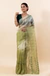 Buy_TaBa Kashi By Artika Shah_Green Kora Scallop Border Saree With Running Blouse  _at_Aza_Fashions