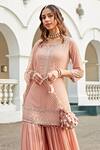 Shop_Amitabh Malhotra_Peach Georgette And Soft Net Geometric Jaal Tunic Sharara Set  _at_Aza_Fashions