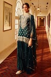 Buy_Amitabh Malhotra_Green Georgette And Soft Net Embroidery Floral Tunic Sharara Set  _Online_at_Aza_Fashions