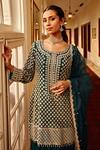 Shop_Amitabh Malhotra_Green Georgette And Organza Floral Art Work Tunic Sharara Set  _at_Aza_Fashions