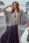 Shop_Amitabh Malhotra_Grey Georgette Embroidery Scallop Round Neck Shell Cape And Skirt Set  _at_Aza_Fashions