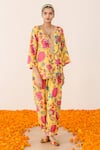 Buy_Gulabo Jaipur_Yellow Muslin Embroidery Split V-neck Rain Floral Print Top And Pant Set_at_Aza_Fashions