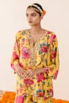 Gulabo Jaipur_Yellow Muslin Embroidery Split V-neck Rain Floral Print Top And Pant Set_Online_at_Aza_Fashions