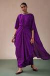 Shop_Pink City by Sarika_Purple Silk Printed Bandhani Round Kaftan And Pant Set _Online_at_Aza_Fashions