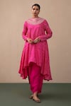 Buy_Pink City by Sarika_Pink Silk Printed Bandhani High Neck Kurta And Dhoti Pant Set _at_Aza_Fashions