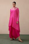 Pink City by Sarika_Pink Silk Printed Bandhani High Neck Kurta And Dhoti Pant Set _Online_at_Aza_Fashions