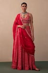 Buy_Pink City by Sarika_Red Silk Printed Bandhani V Neck Embroidered Blouse Lehenga Set _at_Aza_Fashions