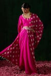 Shop_Pink City By Sarika_Pink Silk Pearls, Embroidery, Chains V-neck Shibori Print Pre-draped Saree Set _at_Aza_Fashions