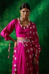 Pink City By Sarika_Pink Silk Pearls, Embroidery, Chains V-neck Shibori Print Pre-draped Saree Set _Online_at_Aza_Fashions