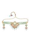 Shop_Minaki_Green Diamonds, Beads, Stones Mughal Choker Necklace Set_at_Aza_Fashions