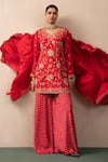 Buy_Pink City By Sarika_Red Silk Embroidery, Sequins, Zari Collared Chanderi Kurta Sharara Set _at_Aza_Fashions