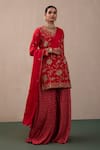 Pink City By Sarika_Red Silk Embroidery, Sequins, Zari Collared Chanderi Kurta Sharara Set _Online_at_Aza_Fashions