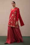 Shop_Pink City By Sarika_Red Silk Embroidery, Sequins, Zari Collared Chanderi Kurta Sharara Set _Online_at_Aza_Fashions