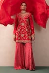 Pink City By Sarika_Red Silk Embroidery, Sequins, Zari Collared Chanderi Kurta Sharara Set _at_Aza_Fashions
