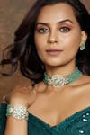 Joules By Radhika_Green Pearls, Rhinestones Floral Motif Polki Embellished Bracelet _Online_at_Aza_Fashions