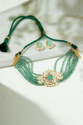 Shop_Joules by Radhika_Green Metallic Thread, Stones Handcrafted Kundan Embellished Choker Set _at_Aza_Fashions