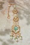 Shop_Joules By Radhika_Green Carved Monalisa Stone And Kundan Embellished Maangtikka _at_Aza_Fashions