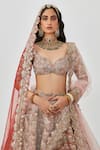 Buy_Aisha Rao_Brown Tissue Embroidered Floral Tara 12 Kali Bridal Lehenga Set  