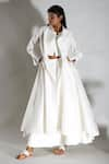 Buy_DHI_White Chanderi Silk(60% Silk + 40% Cotton) Plain Collared Neck Trench Coat _at_Aza_Fashions