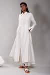 DHI_White Chanderi Silk(60% Silk + 40% Cotton) Plain Collared Neck Trench Coat _Online_at_Aza_Fashions