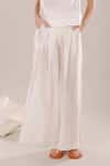 DHI_White Twill (97% + 3% Lycra) Plain Pleated Flared Pant _Online_at_Aza_Fashions