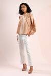 Dhi_Beige Chanderi Embroidery High Neck Patch Work Lantern Sleeve Top _Online_at_Aza_Fashions