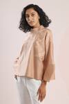 Shop_Dhi_Beige Chanderi Embroidery High Neck Patch Work Lantern Sleeve Top _Online_at_Aza_Fashions