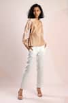 Dhi_Beige Chanderi Embroidery Round Neck Patch Work Sleeve Peplum Top _Online_at_Aza_Fashions