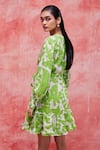 Shop_Pankaj & Nidhi_Green Linen Printed Floral Mandarin Collar Cleo Tiered Dress _at_Aza_Fashions
