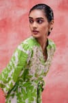 Pankaj & Nidhi_Green Linen Printed Floral Mandarin Collar Cleo Tiered Dress _Online_at_Aza_Fashions