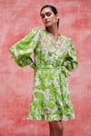 Buy_Pankaj & Nidhi_Green Linen Printed Floral Mandarin Collar Cleo Tiered Dress _Online_at_Aza_Fashions
